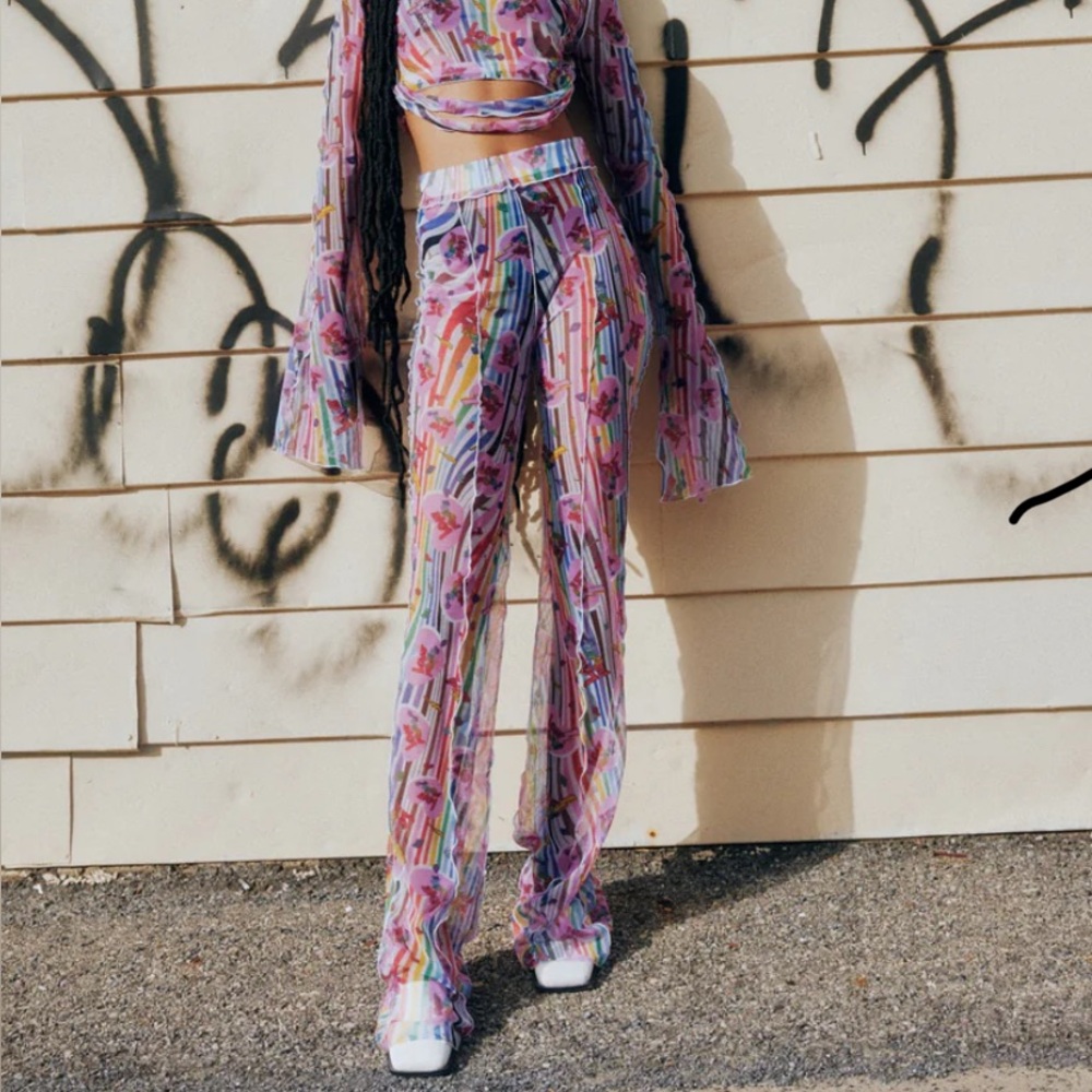 Mindful Pigs, rainbow mesh flared pants